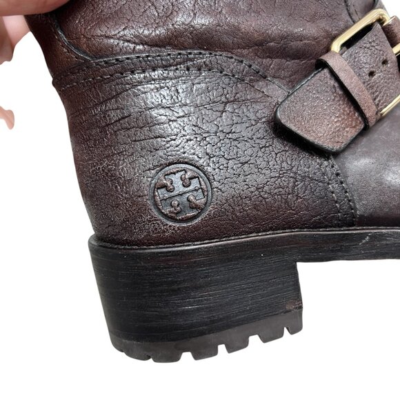 Tory Burch Chrystie Leather Moto Buckle Boots Dark Brown Women's size 7.5 - Picture 6 of 14